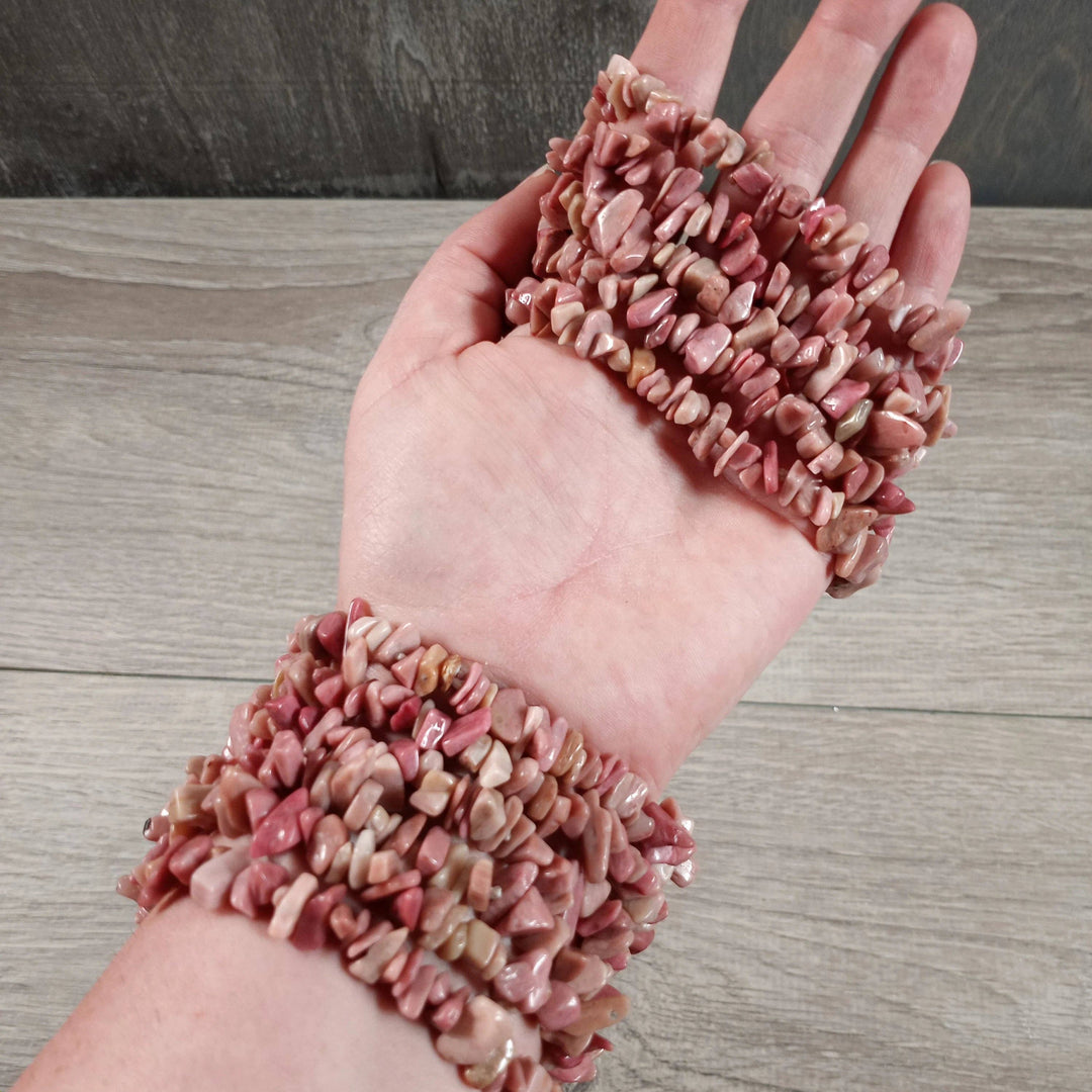 Healing Crystal Chip Bracelets with rose quartz and amethyst for coastal boho style