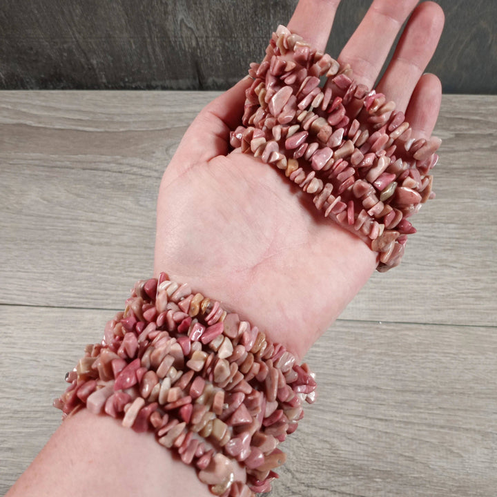 Healing Crystal Chip Bracelets with rose quartz and amethyst for coastal boho style