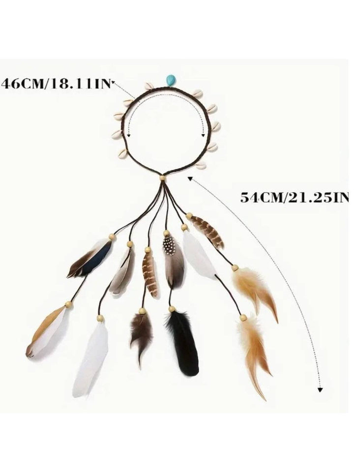 Boho Shell Feather Tassel Hair Headpiece for beach weddings and festival styling