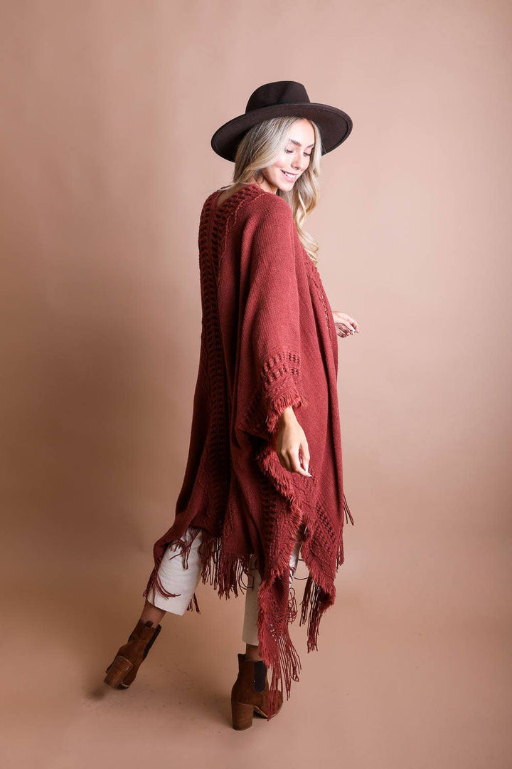 Frayed Border Bohemian Ruana Kimono Sweater