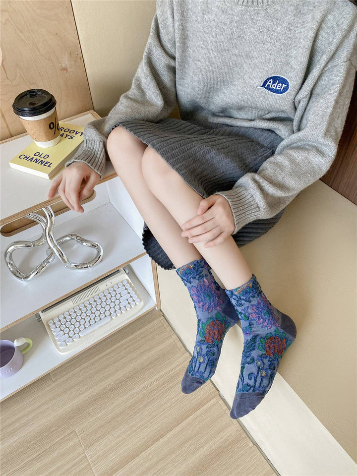 Retro Flower Pattern Mid-Calf Socks 5-Pack with boho vintage floral coastal style