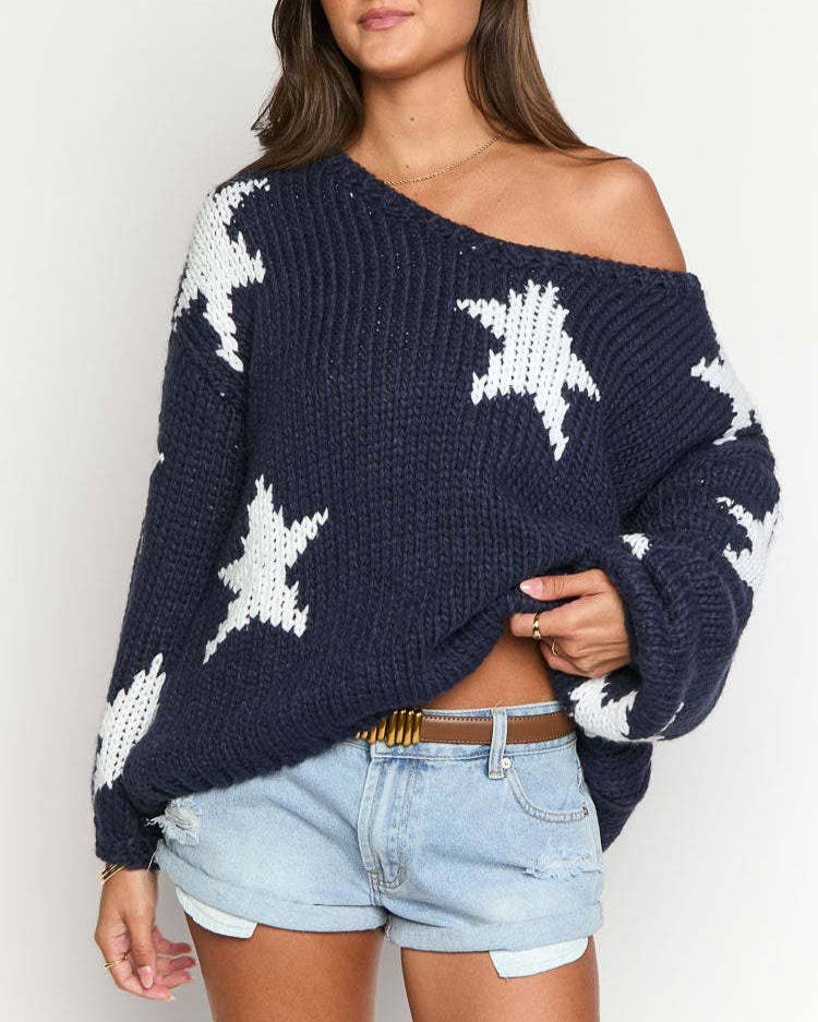 Vintage V-Neck Star Knitted Sweater in cozy boho coastal style for women