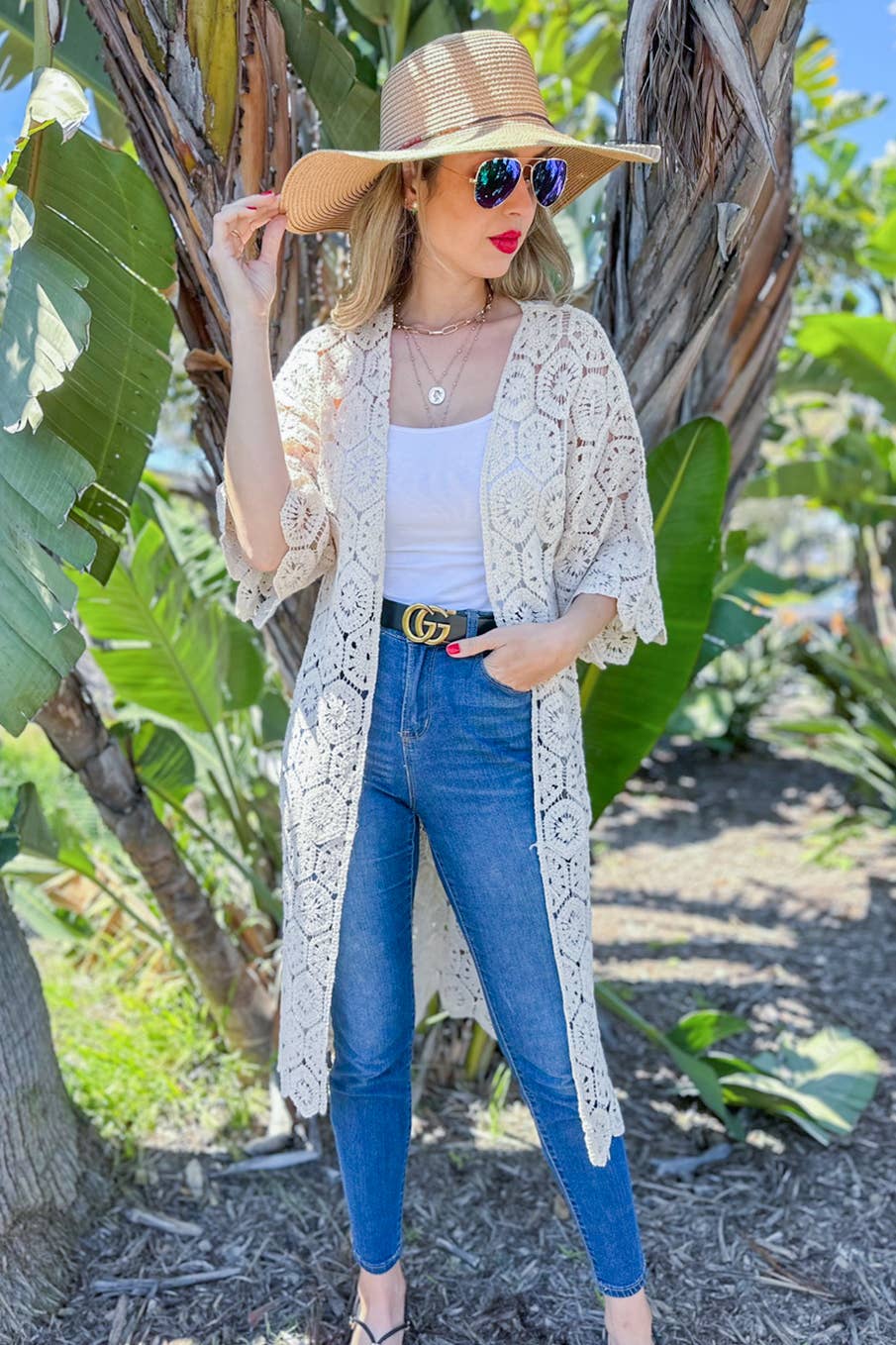 Ivory Hexagon Crochet Maxi Kimono with scalloped edges for breezy coastal boho style