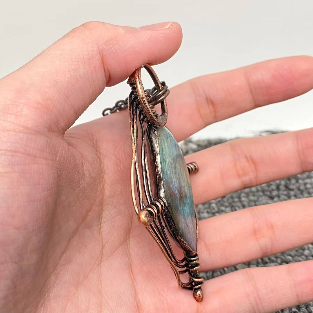 Vintage Labradorite Spider Web Design Charm Necklace