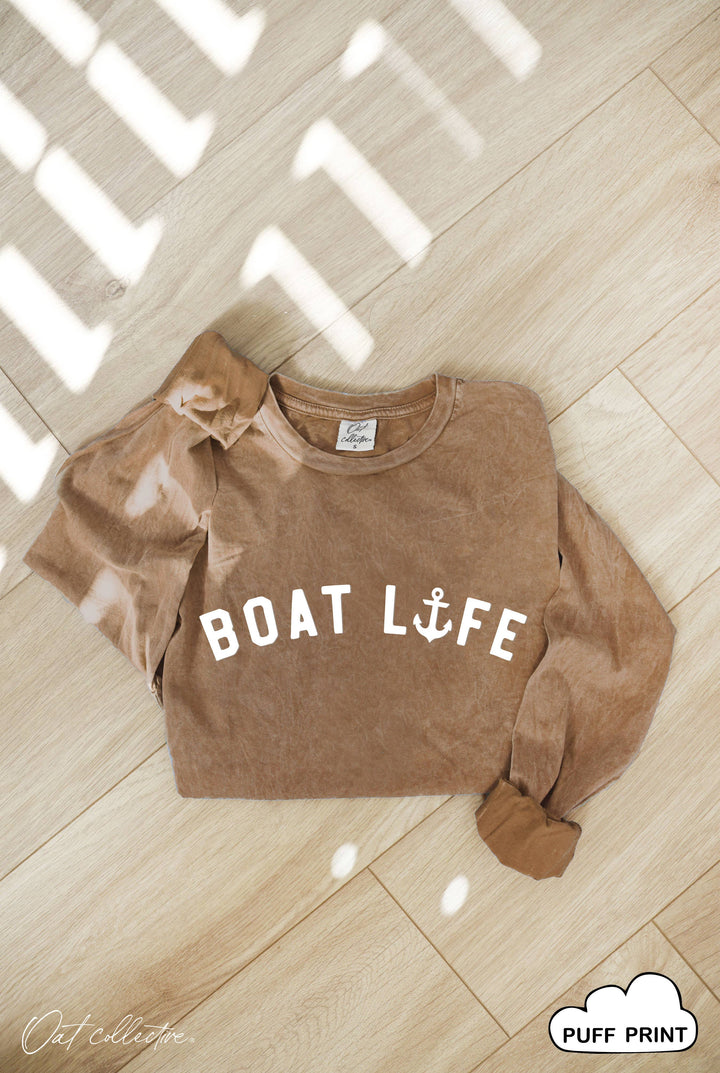 Boat Life Puff Mineral Washed Long Sleeve Graphic Tee for coastal boho style