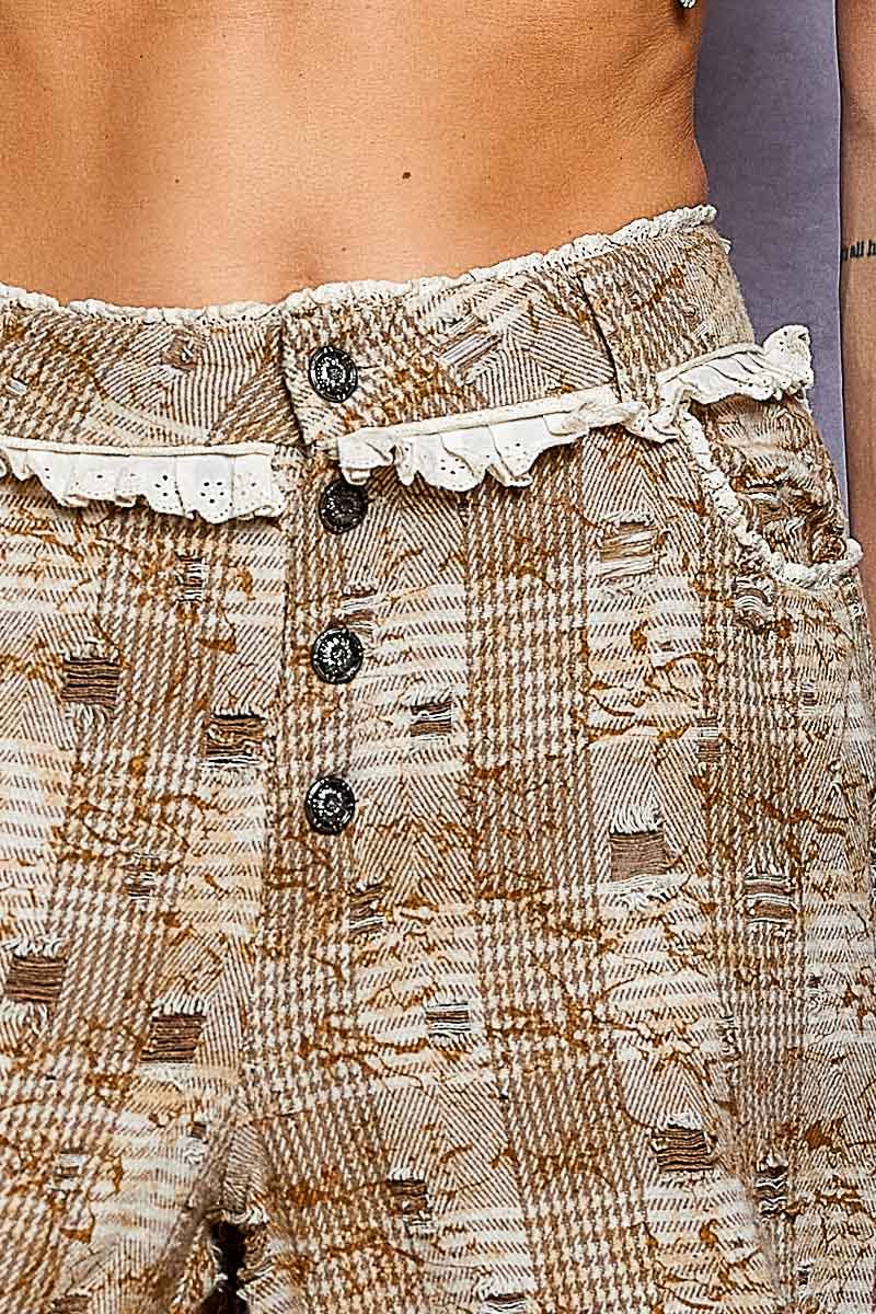 Vintage Distressed Plaid Ruffle Hem High Rise Wide Leg Pants
