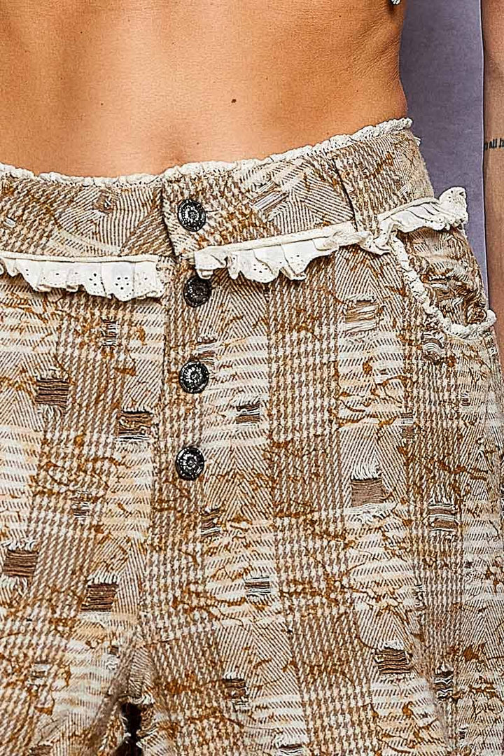 Vintage Distressed Plaid Ruffle Hem High Rise Wide Leg Pants