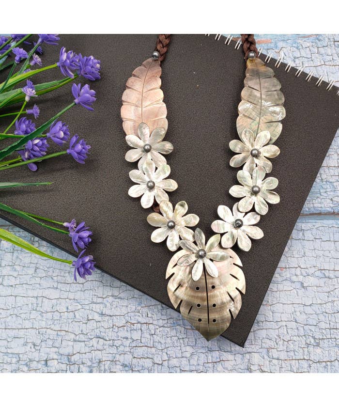 Mother of Pearl Tiare &amp; Monstera Necklace
