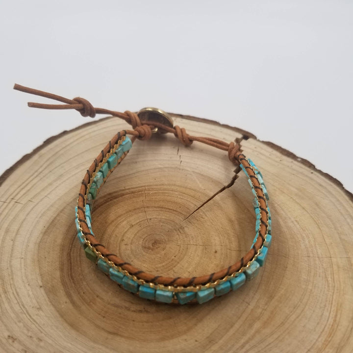 Hand Woven Natural Square Stone Leather Bracelet - Turquoise