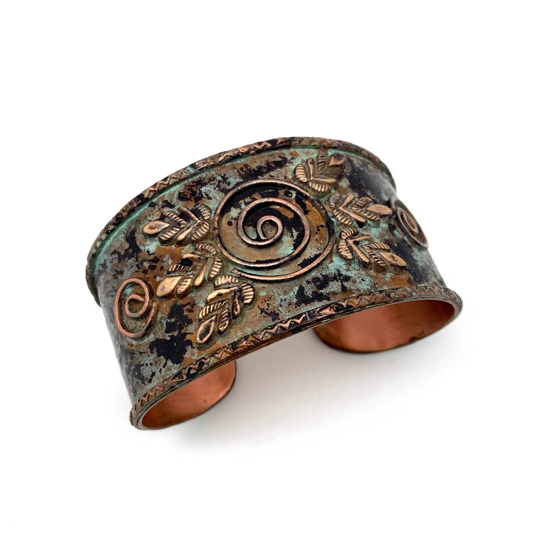 Leaf Shapes and Spirals Turquoise Copper Patina Cuff handcrafted boho coastal bracelet