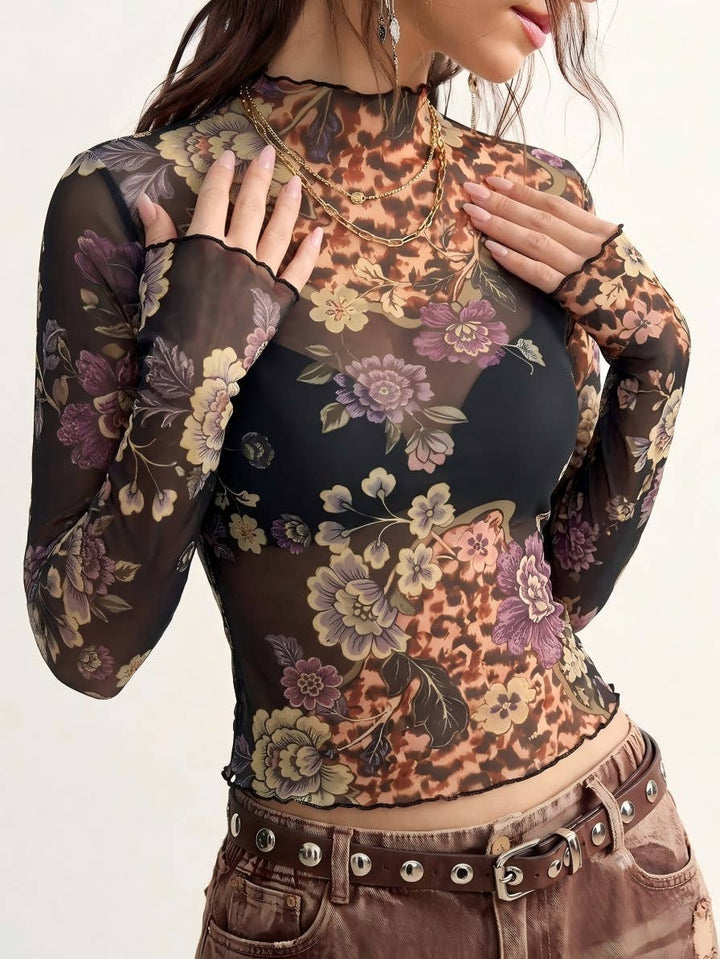 Vintage Floral Print Mesh Long Sleeve Slim Fit Top