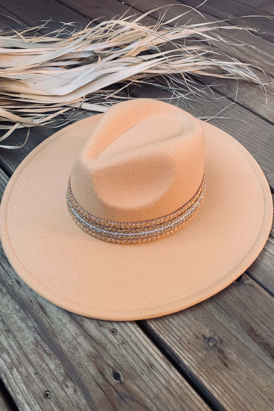 Nude Fedora Hat with Shimmery Trim for boho coastal summer style