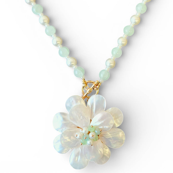 Handmade Mother of Pearl Flower Necklace with coastal boho spiritual energy