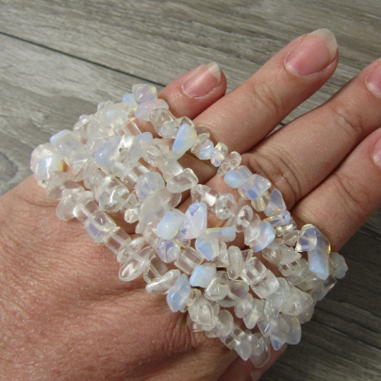 Healing Crystal Chip Bracelets with amethyst and rose quartz for coastal boho style
