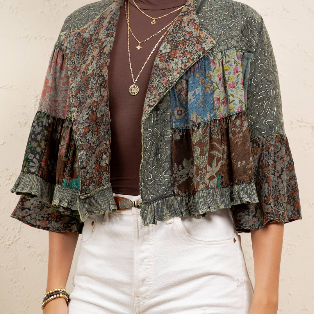 Lapel Detail Cropped Jacket with Handcrafted Embroidery