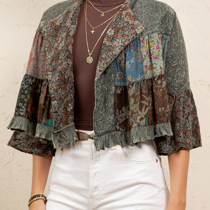 Lapel Detail Cropped Jacket with Handcrafted Embroidery