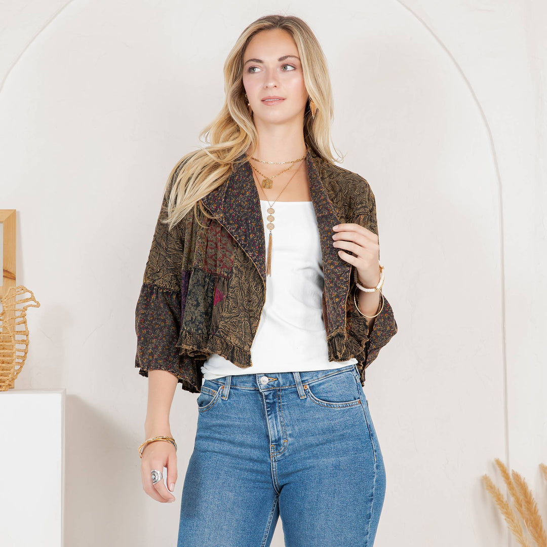 Lapel Detail Cropped Jacket with Handcrafted Embroidery