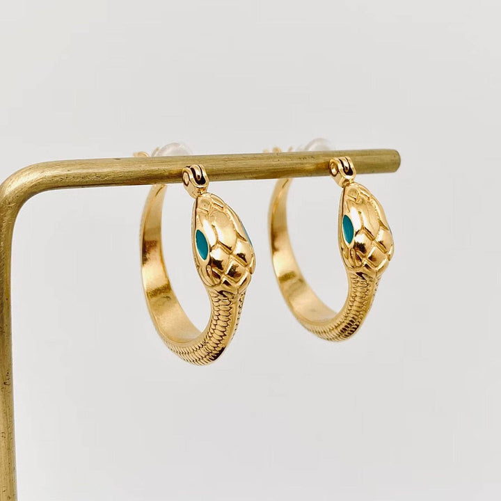 Enamel green eyes snake 18K gold plated hoop earrings for coastal boho style