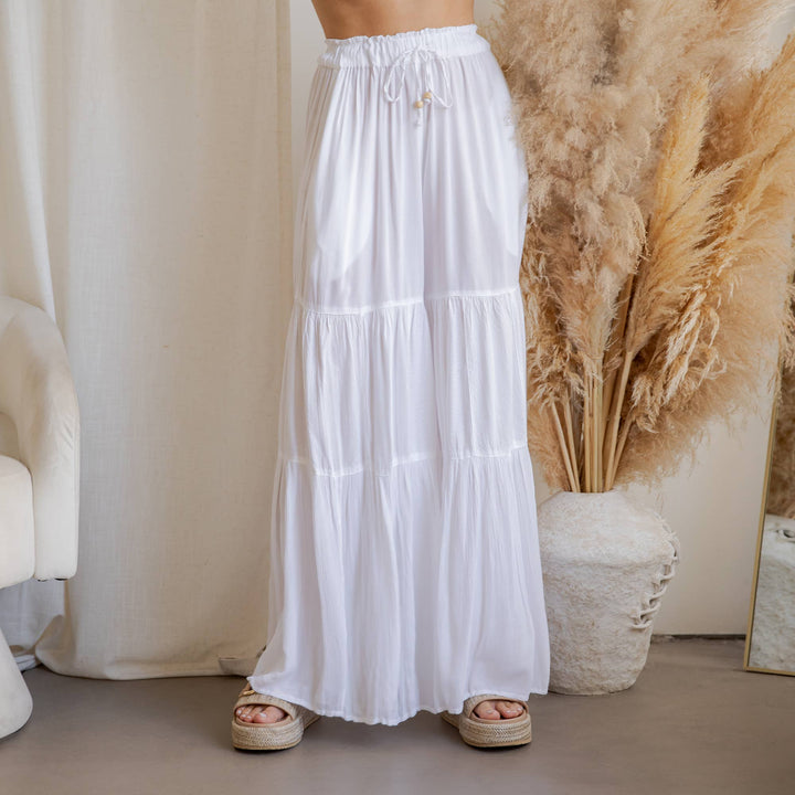 Mineral Wash Tiered Wide-Leg Palazzo Boho Pants
