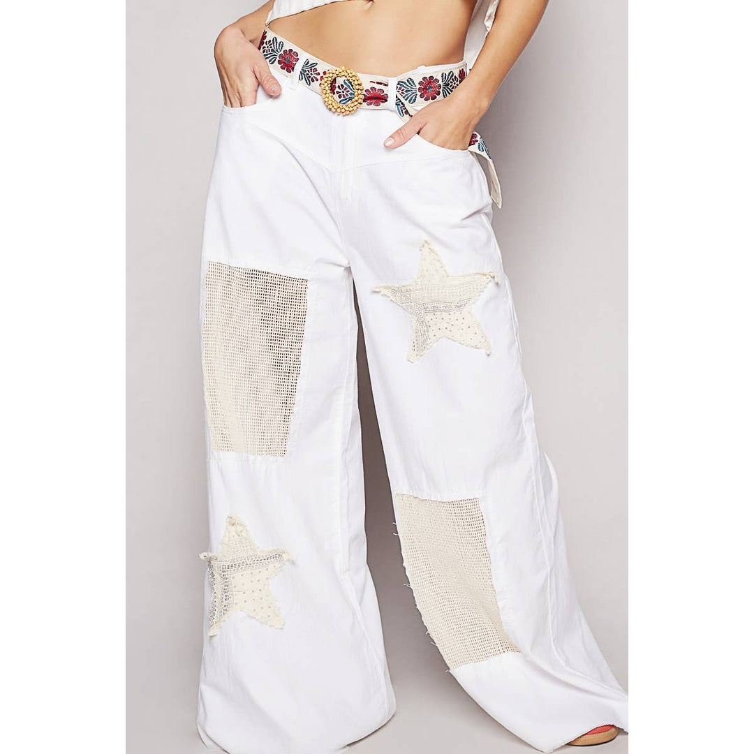 Vintage Washed Crochet Star Patch Pants with wide leg boho coastal style