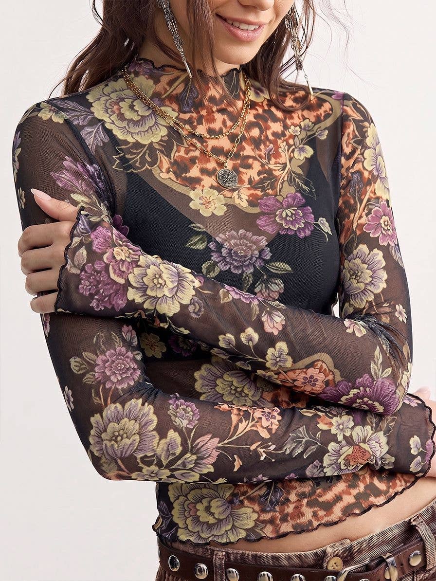 Vintage Floral Print Mesh Long Sleeve Slim Fit Top