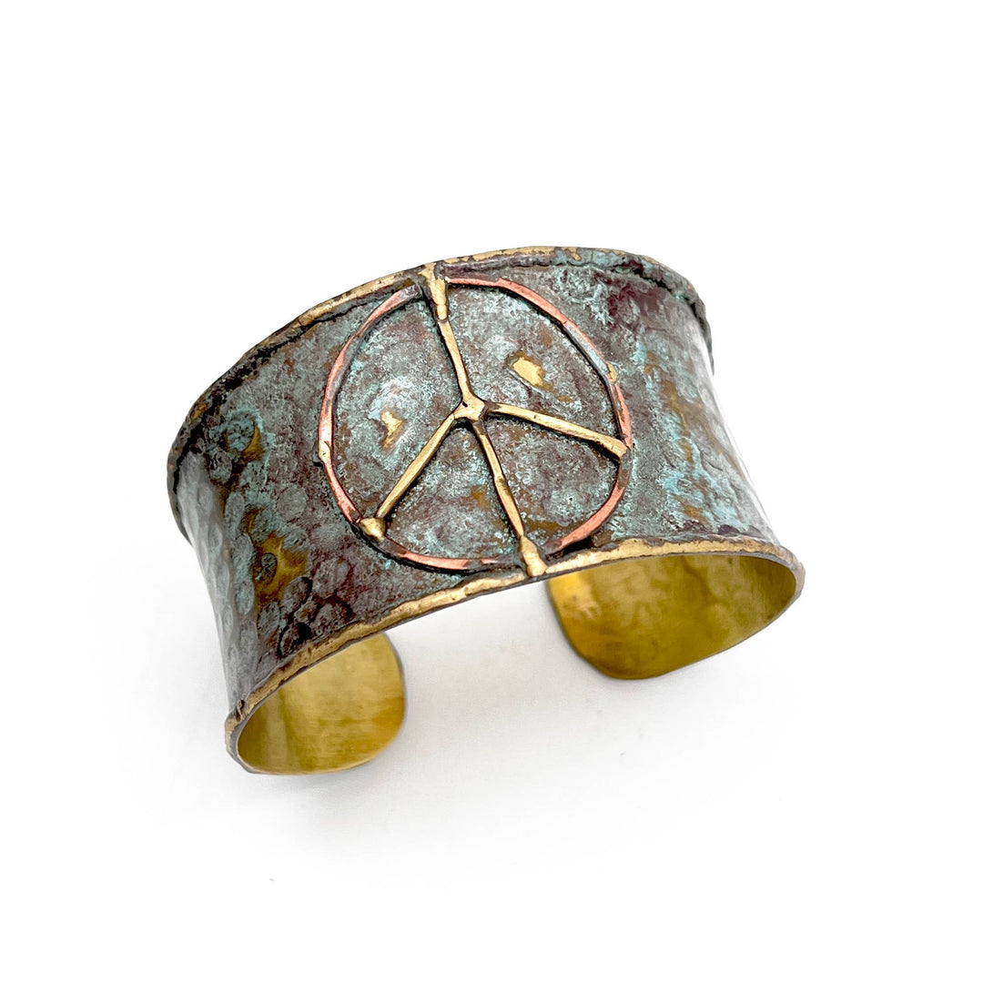 Brass Patina Cuff Bracelet with rustic blue peace sign handcrafted coastal boho style