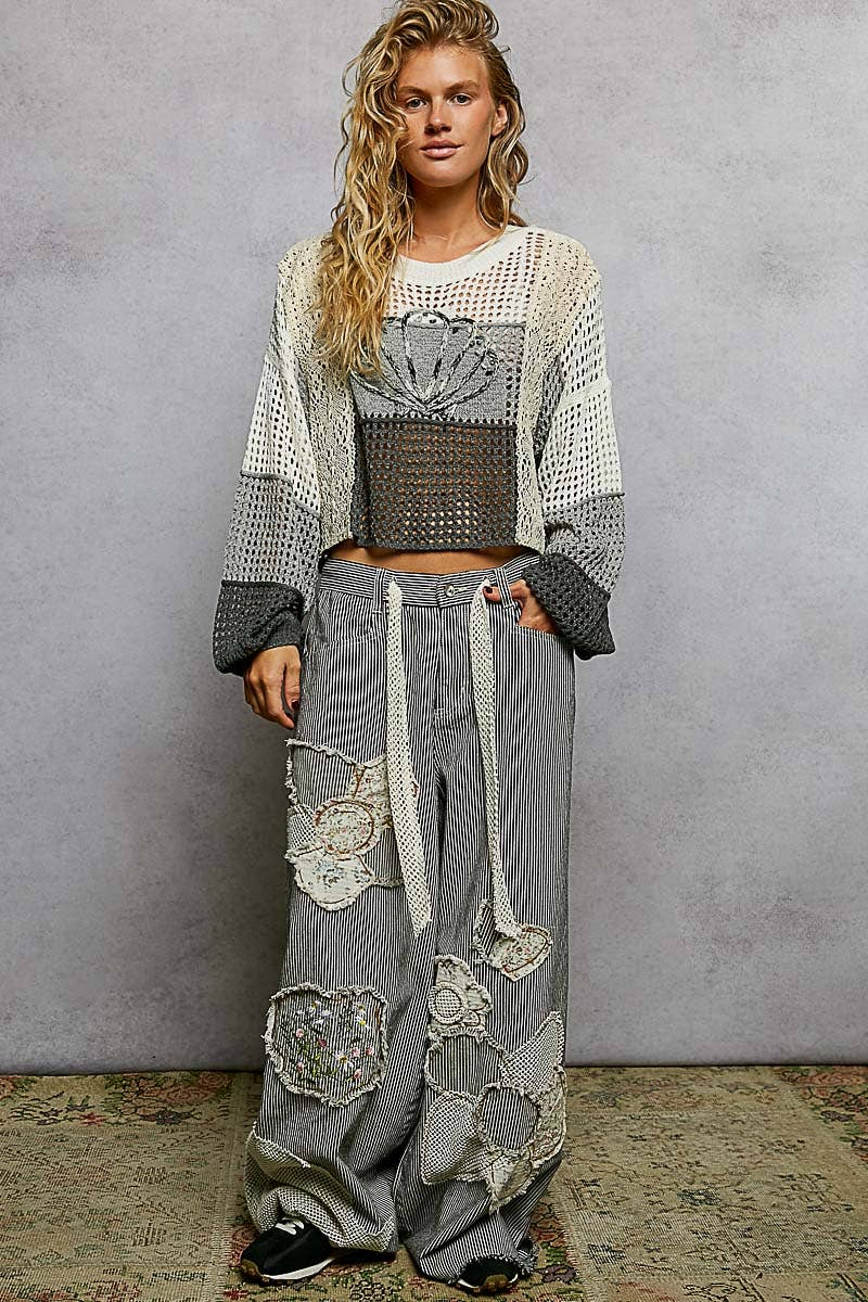 Crochet Shell Patch Thin Sweater Cropped Top