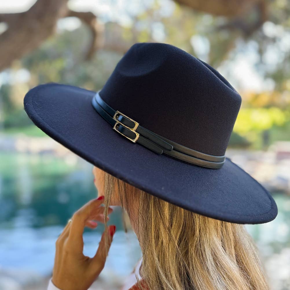 Black Fedora with Faux Leather Double Buckle Trim for coastal boho style