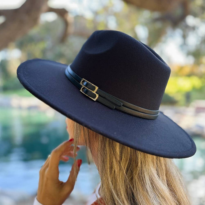 Black Fedora with Faux Leather Double Buckle Trim for coastal boho style
