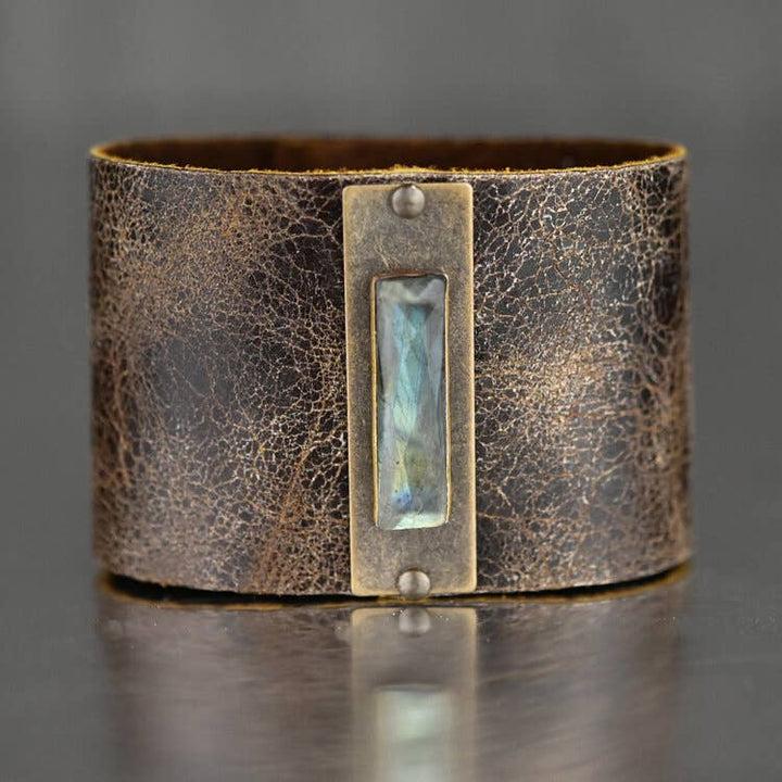 Weathered brown leather cuff with premium blue labradorite stone boho wrist jewelry