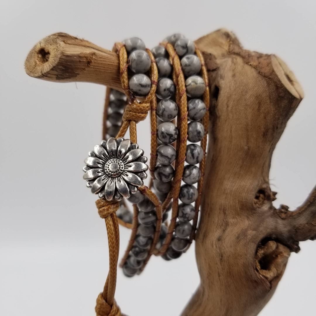 Handmade multi-layer natural stone leather bracelet with earthy chakra energy and coastal soul