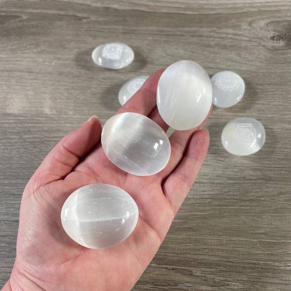 Selenite Small Palm Stones – Etched Chakra Symbols | Set of 7