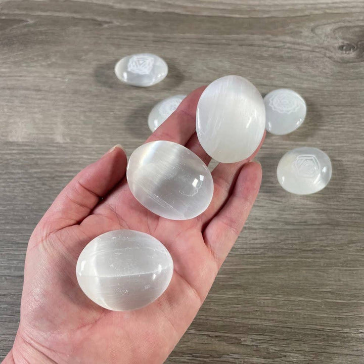 Selenite Small Palm Stones – Etched Chakra Symbols | Set of 7