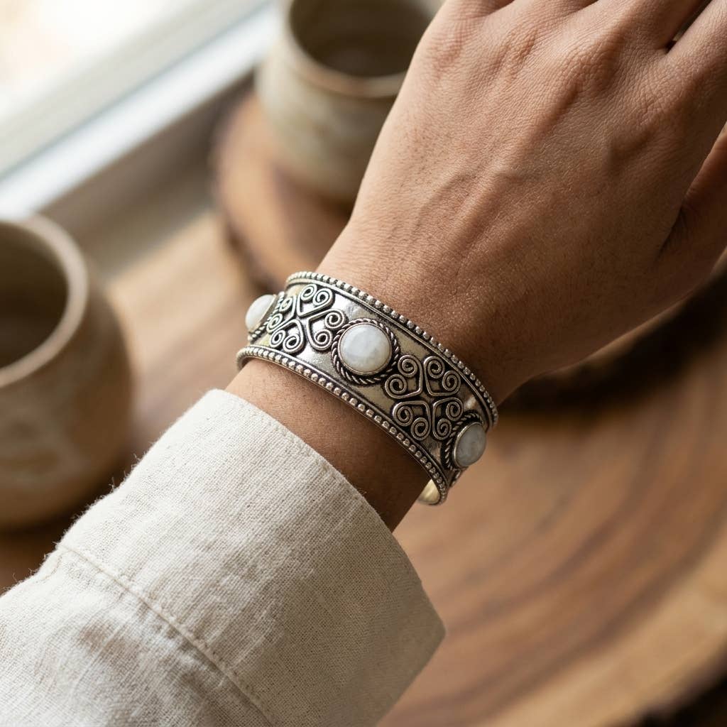 Handcrafted Kashi Antique SilverCuff with three Moonstones