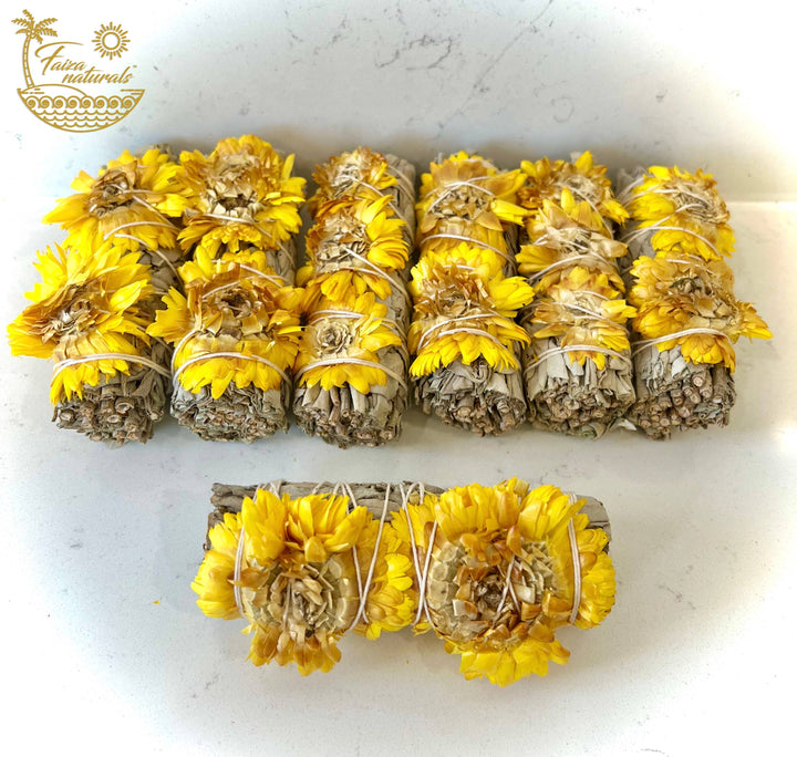 Handmade Sunflower with White Sage Bundle for cleansing rituals and coastal wellness