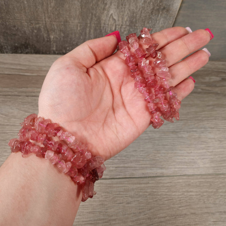 Healing Crystal Chip Bracelets with amethyst and rose quartz for coastal boho style