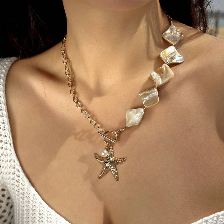 Bohemian Starfish Seashell Pendant Necklace with coastal boho charm for layering