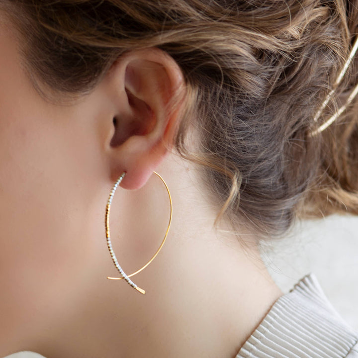 Smoky Quartz Beaded Threader Hoop Earrings with gold accents and handcrafted boho coastal charm