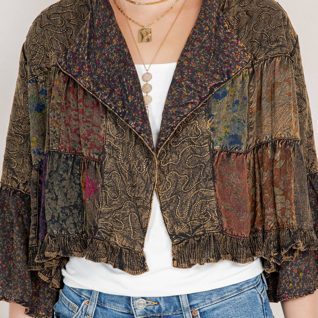 Lapel Detail Cropped Jacket with Handcrafted Embroidery