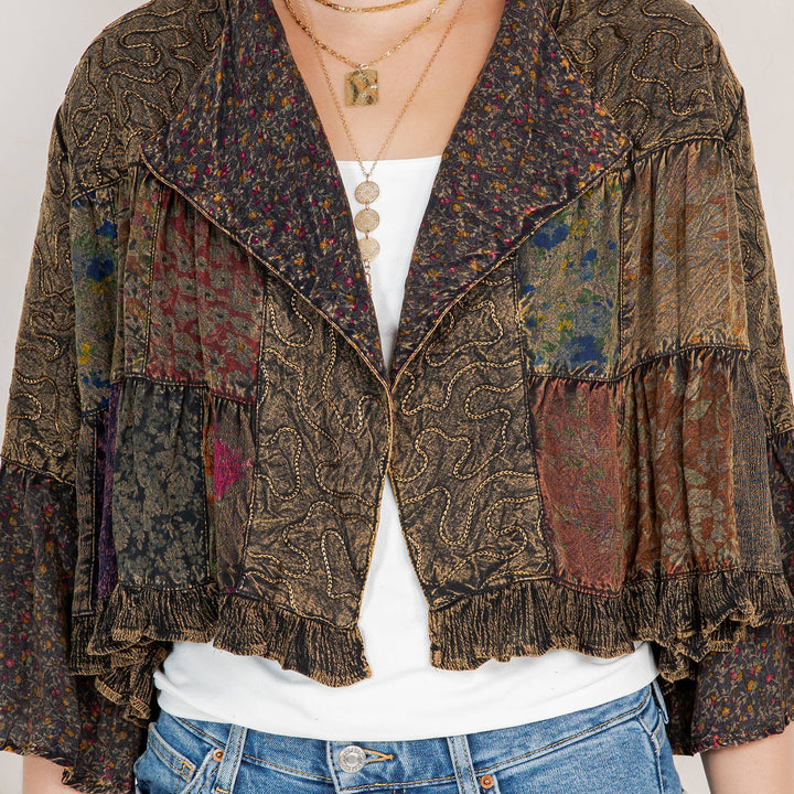 Lapel Detail Cropped Jacket with Handcrafted Embroidery