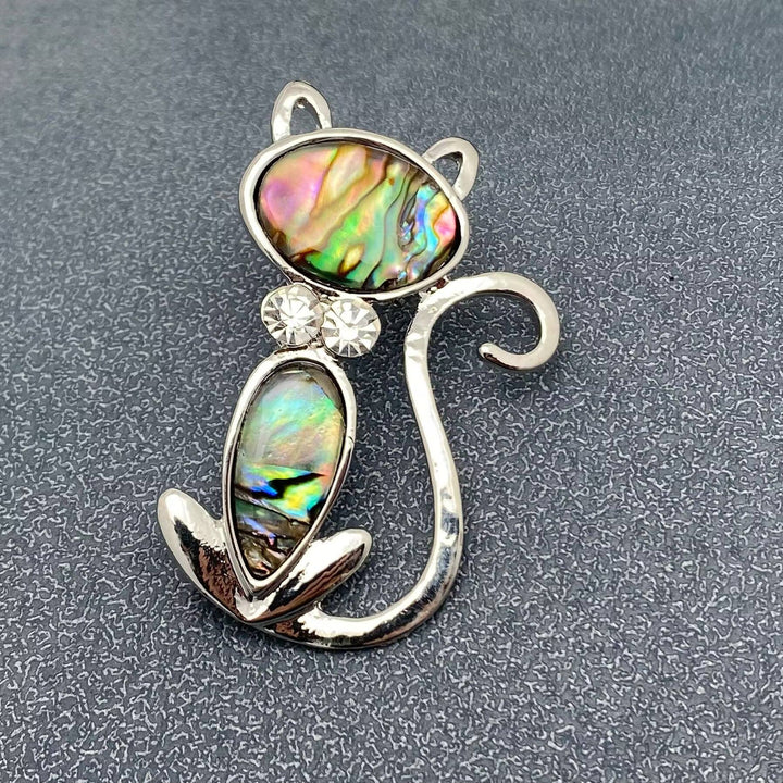 Abalone Shell Silver Tone Cat Brooch