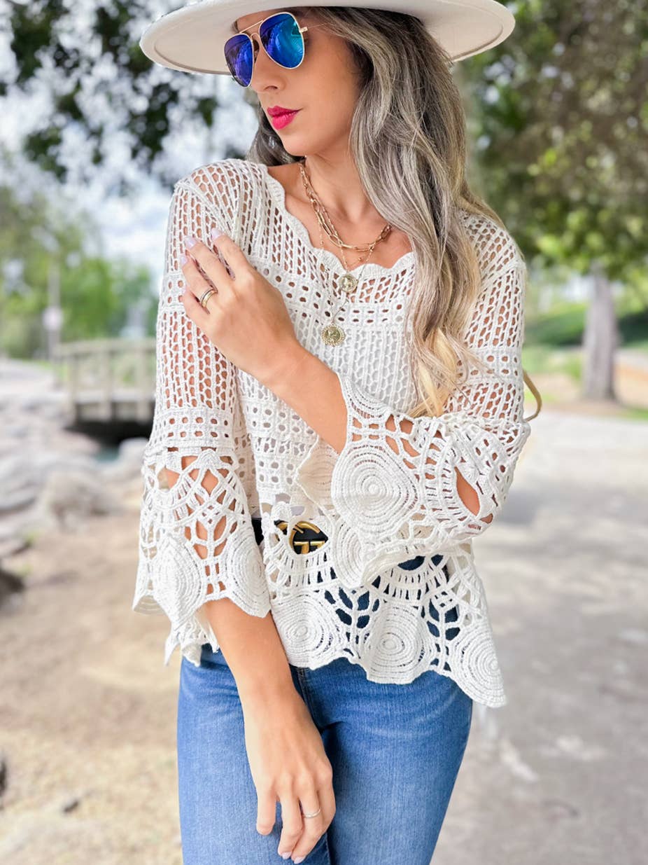 Boho scalloped round neck 3/4 sleeve crochet top with open knit coastal detail