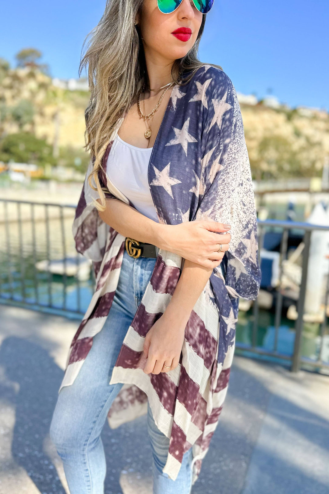 Vintage American Flag Printed Kimono Cover Up perfect for patriotic beach days