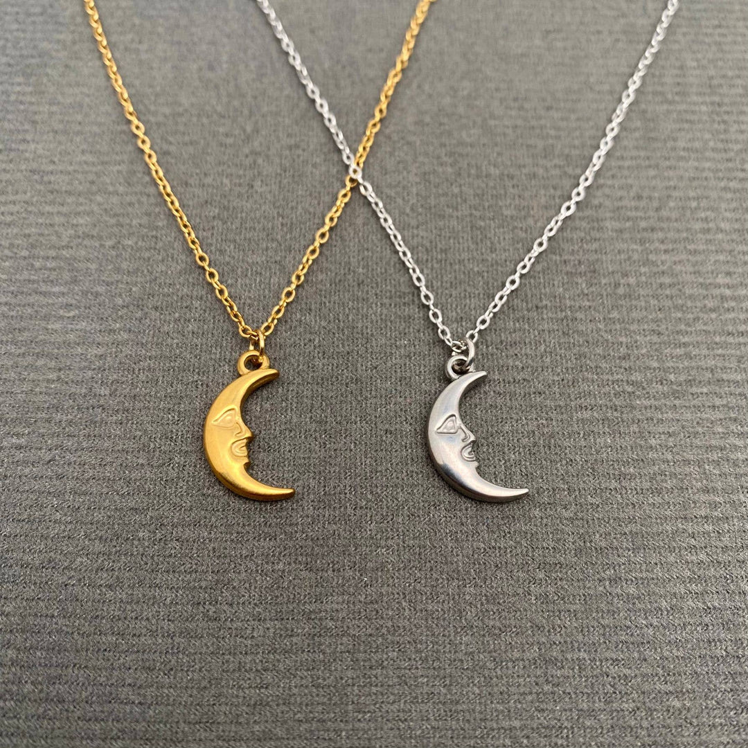 Crescent Moon Charm Necklace with boho coastal spirit from Anchored Soul boutique