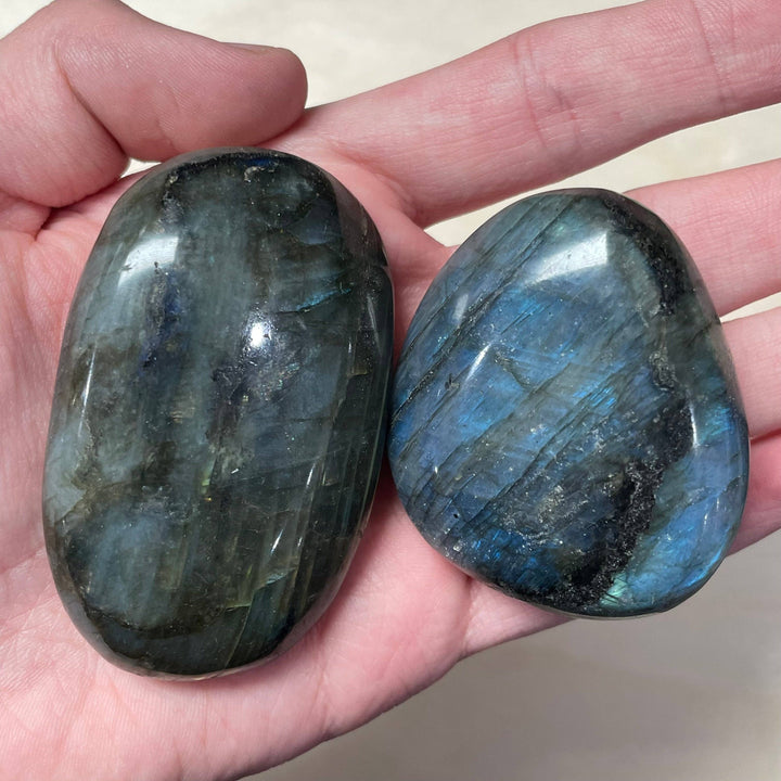 Natural Labradorite Palm Stone for crystal healing intuition and coastal spiritual energy
