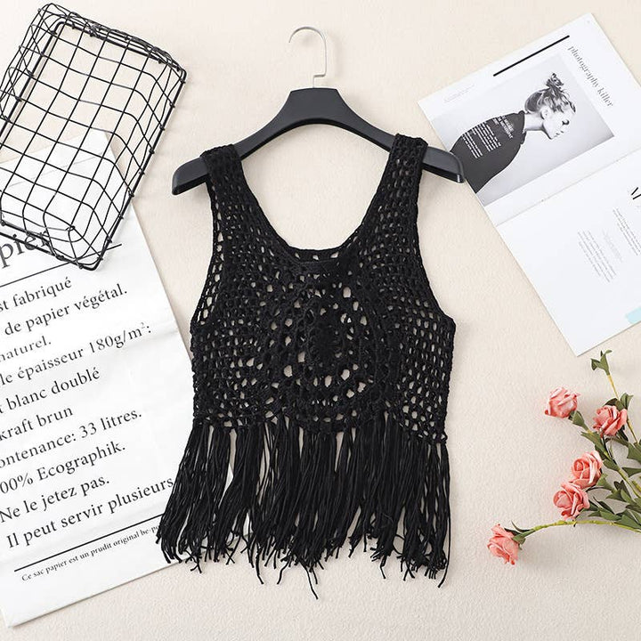 Boho Crochet Knit Fringe Tank Top Cover Up