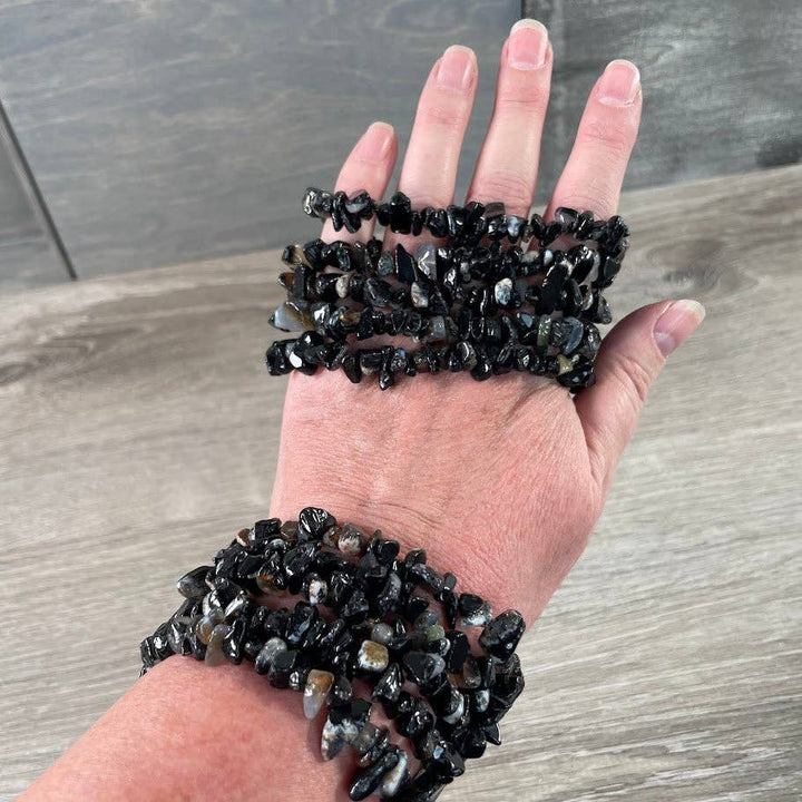 Healing Crystal Chip Bracelets with amethyst and rose quartz for coastal boho style