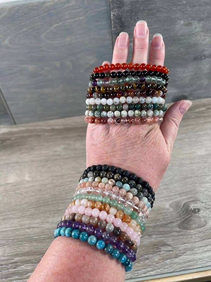 Healing crystal bracelets with 8mm round gemstones for coastal boho stacking
