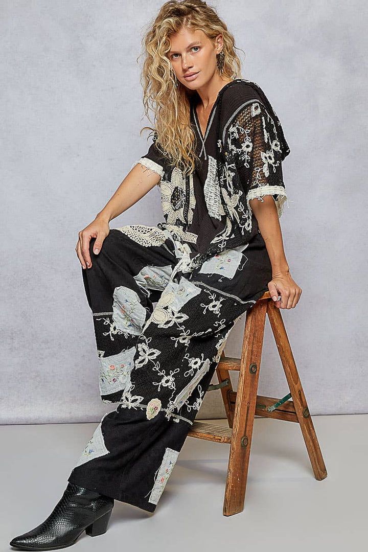 Lace Patch Detail Woven Pants