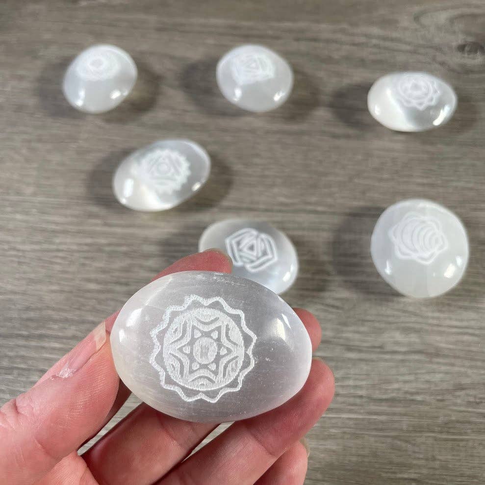 Selenite Small Palm Stones – Etched Chakra Symbols | Set of 7